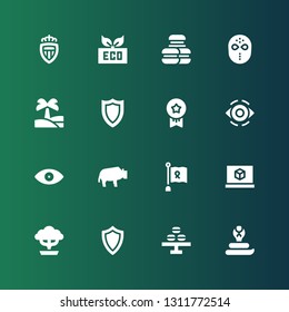 emblem icon set. Collection of 16 filled emblem icons included Cobra, Macaron, Shield, Bonsai, d printing software, Ribbon, Bison, Eye, Medals, Oasis, Hockey mask, Macarons, Eco