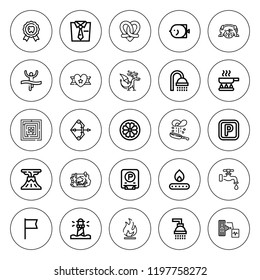 Emblem icon set. collection of 25 outline emblem icons with archery, badge, dragon, fire, fish, frying pan, flag, lighthouse, faucet, labyrinth, mammoth icons. editable icons.