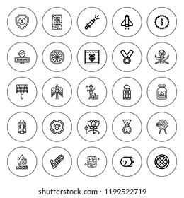Emblem icon set. collection of 25 outline emblem icons with angel, archery, badge, bbq grill, bonfire, chainsaw, fish, jolly roger, medal, labyrinth icons. editable icons.