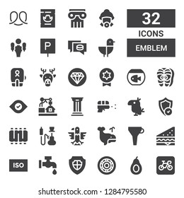 emblem icon set. Collection of 32 filled emblem icons included Parking, Avocado, Wheel, Shield, Faucet, Iso, Sandwich, Funnel, Whale, Eagle, Hookah, Ribs, Parrot, Water gun, Column