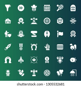 emblem icon set. Collection of 36 filled emblem icons included Shower, Heart balloon, Wheel, Lighthouse, Dove, Cicada, Fish, Lobster, Award, Eye, Rocket, Horseshoe, Nature, Macaron