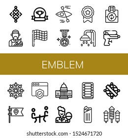 emblem icon set. Collection of Abstract, Butcher, Award, Race flag, Kayak, Medal, Shower, Reuse, Water gun, Helm, Flag, Shield, Seesaw, White house, Table tennis, Ribs, Shawarma icons