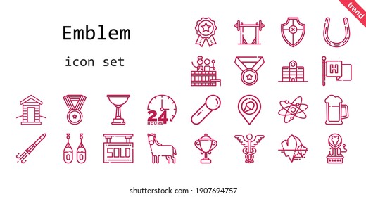 emblem icon set. line icon style. emblem related icons such as sold, shield, barrel, flag, scoop, university, cabin, barbell, rocket ship, lion, horse, badges, horseshoe, 24 hours, boxing, medal