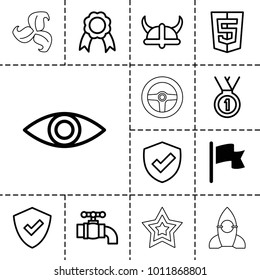 Emblem icons. set of 13 editable outline emblem icons such as flag, shield, ribbon, eye, tap, medal, helmet, plant, rocket, star