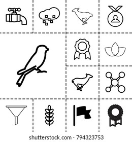 Emblem icons. set of 13 editable outline emblem icons such as flag, antelope, sparrow, medal, plant, share, tap, defragmentation, lotus