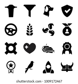 Emblem icons. set of 16 editable filled emblem icons such as shield, filter, medal, wheel, sandwich and apple, tap, helmet, plant, sparrow, rocket, wolf