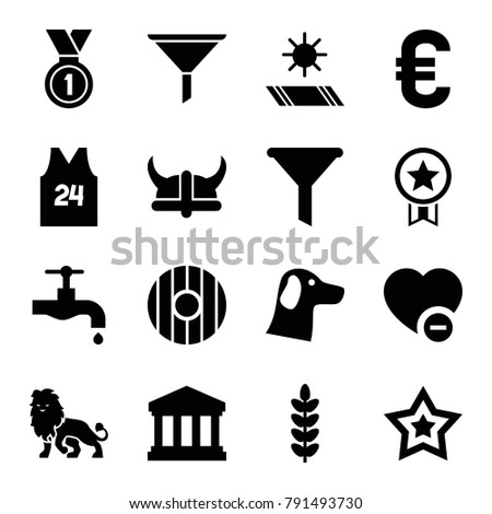 Emblem icons. set of 16 editable filled emblem icons such as tap, filter, wolf, plant, minus favorite, court building, medal, sport t shirt number 24, carpet in the sun