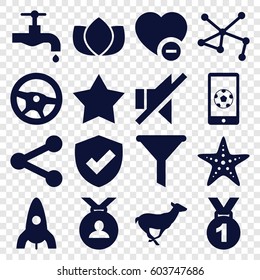 Emblem icons set. set of 16 emblem filled icons such as antelope, rocket, lotus, medal, tap, connection, minus favorite, no sound, football on phone, starfish, star, wheel