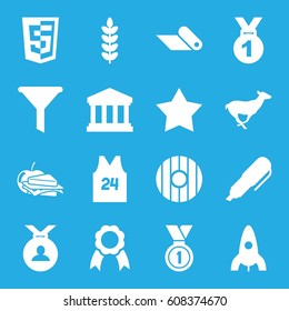 Emblem icons set. set of 16 emblem filled icons such as antelope, rocket, Star, medal, sandwich and apple, ribbon, court building, sport t shirt number 24, pen, carpet, shield