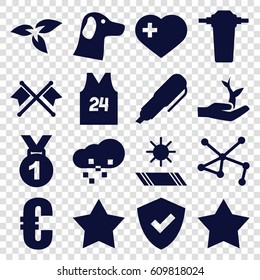 Emblem icons set. set of 16 emblem filled icons such as plant, Star, heart with cross, connection, tap, sport t shirt number 24, plant on hand, pen, carpet in the sun