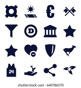 Emblem icons set. set of 16 emblem filled icons such as plant, antelope, star, d letter, minus favorite, share, court building, sport t shirt number 24, plant on hand