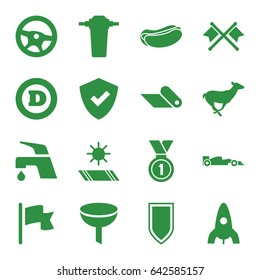 Emblem icons set. set of 16 emblem filled icons such as antelope, rocket, d letter, tap, hot dog, medal, sport car, flag, carpet, carpet in the sun, shield, crossed flags