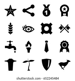 Emblem icons set. set of 16 emblem filled icons such as plant, antelope, tap, eye, torch, starfish, crossed flags, medal, tie, illustrgeneric currencyation, shield