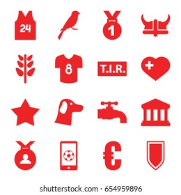 Emblem icons set. set of 16 emblem filled icons such as sparrow, star, medal, heart with cross, plant, tir, court building, tap, football on phone, sport t shirt number 24