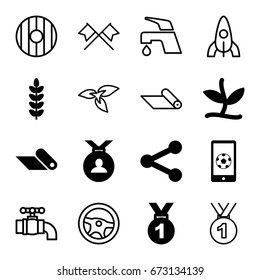 Emblem icons set. set of 16 emblem filled and outline icons such as medal, football on phone, plant, carpet, rocket, tap, shield, crossed flags, share