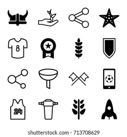 Emblem icons set. set of 16 emblem filled and outline icons such as rocket, plant, football on phone, starfish, shield, helmet, share, tap, plant on hand
