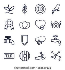 emblem icons set. Set of 16 emblem outline icons such as sparrow, wings, lotus, d letter, tap, plant, TIR, connection, minus favorite, ribbon, plant on hand, defragmentation