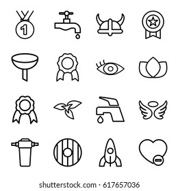 Emblem icons set. set of 16 emblem outline icons such as plant, rocket, wings, lotus, tap, minus favorite, eye, ribbon, shield, helmet, filter