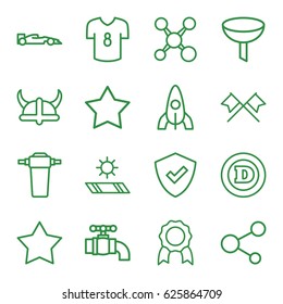 Emblem icons set. set of 16 emblem outline icons such as rocket, Star, d letter, share, tap, carpet in the sun, helmet, sport car, football t shirt, shield, filter, medal