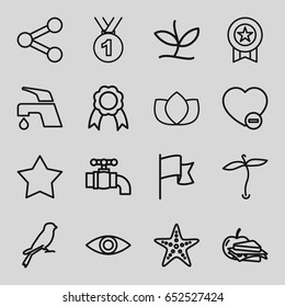 Emblem icons set. set of 16 emblem outline icons such as sparrow, plant, lotus, tap, sandwich and apple, minus favorite, ribbon, eye, flag, starfish, medal, share