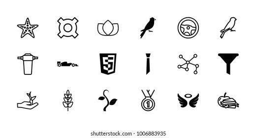 Emblem icons. set of 18 editable filled and outline emblem icons: wings, filter, shield, sport car, sparrow, lotus, wheel, sandwich and apple, illustrgeneric currencyation