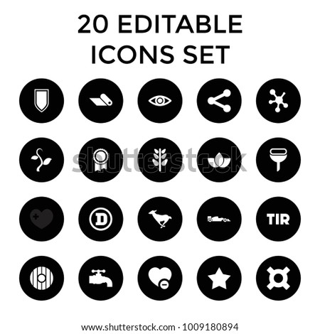 Emblem icons. set of 20 editable filled emblem icons such as star, plant, minus favorite, share, eye, tap, sport car, carpet. best quality emblem elements in trendy style.