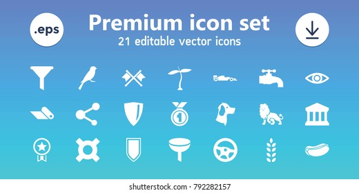 Emblem icons. set of 21 editable filled emblem icons includes plant, sparrow, filter, wheel, hot dog, share, shield, eye, court building, tap, sport car, crossed flags, carpet