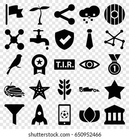 Emblem icons set. set of 25 emblem filled icons such as plant, sparrow, rocket, lotus, star, tap, sandwich and apple, tir, connection, eye, court building, medal