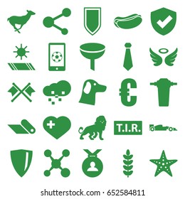 Emblem icons set. set of 25 emblem filled icons such as lion, antelope, wings, medal, hot dog, heart with cross, tir, share, tap, football on phone, sport car, starfish