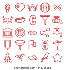 Emblem icons set. set of 25 emblem outline icons such as sparrow, plant, rocket, wings, d letter, tap, hot dog, heart with cross, share, eye, court building, flag, carpet