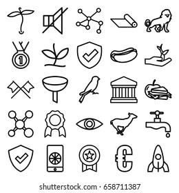 Emblem icons set. set of 25 emblem outline icons such as lion, antelope, sparrow, plant, rocket, tap, hot dog, sandwich and apple, connection, no sound, eye, court building