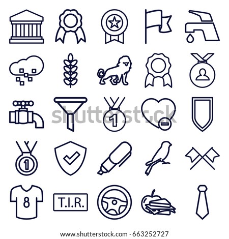 Emblem icons set. set of 25 emblem outline icons such as lion, sparrow, tap, medal, sandwich and apple, tir, minus favorite, ribbon, court building, flag, pen, defragmentation