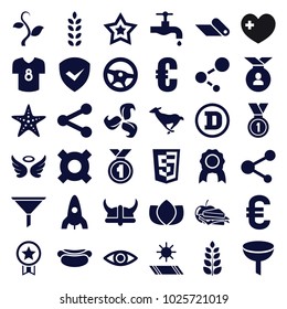 Emblem icons. set of 36 editable filled emblem icons such as rocket, wings, lotus, tap, euro, filter, medal, wheel, sandwich and apple, illustrgeneric currencyation, share