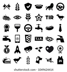 Emblem icons. set of 36 editable filled emblem icons such as plant, lion, antelope, rocket, tap, shield, wheel, hot dog, sandwich and apple, tie, tir, eye, football on phone