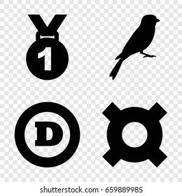 Emblem icons set. set of 4 emblem filled icons such as sparrow, d letter, medal
