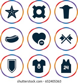 Emblem icons set. set of 9 emblem filled icons such as hot dog, minus favorite, tap, sport t shirt number 24, football t shirt, starfish, shield, crossed flags