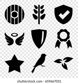 Emblem icons set. set of 9 emblem filled icons such as plant, sparrow, wings, star, ribbon