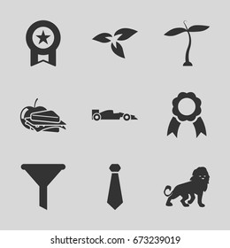 Emblem icons set. set of 9 emblem filled icons such as plant, lion, sandwich and apple, ribbon, sport car, medal, filter