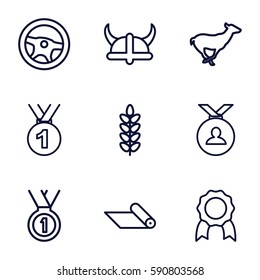 emblem icons set. Set of 9 emblem outline icons such as antelope, medal, carpet, helmet, plant