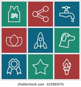 Emblem icons set. set of 9 emblem outline icons such as rocket, lotus, tap, ribbon, sport t shirt number 24, torch, wolf, share