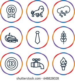 Emblem icons set. set of 9 emblem outline icons such as lion, d letter, sandwich and apple, plant, tap, defragmentation, torch, medal