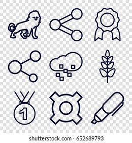 Emblem icons set. set of 9 emblem outline icons such as lion, plant, share, pen, defragmentation, medal