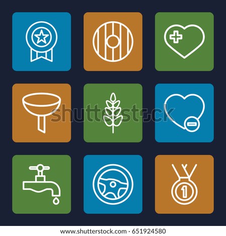 Emblem icons set. set of 9 emblem outline icons such as tap, heart with cross, plant, minus favorite, shield, medal, filter