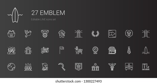 emblem icons set. Collection of emblem with caduceus, cabins, shield, sickle, parrot, fire, tennis ball, barbershop, recommended, rotisserie. Editable and scalable emblem icons.