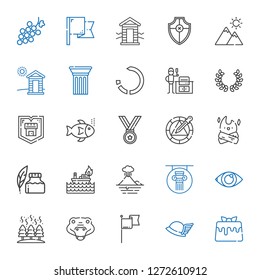 emblem icons set. Collection of emblem with caramel, hermes, flag, crocodile, fire, eye, column, volcano, ink pen, bonfire, wheel, medal, fishes. Editable and scalable emblem icons.