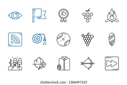 emblem icons set. Collection of emblem with fast forward, artemis, suit and tie, iceberg, fire, surfboard, grapes, tennis ball, hose, rss feed. Editable and scalable emblem icons.