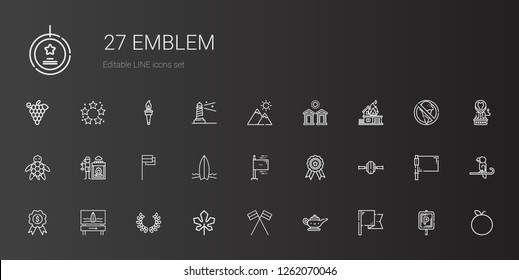 emblem icons set. Collection of emblem with flag, magic lamp, flags, maple leaf, laurel, surfboard, medal, wheel, badge, hot stones, turtle. Editable and scalable emblem icons.