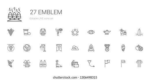emblem icons set. Collection of emblem with flag, funnel, ink pen, seal, surfboard, road, hermes, medal, rocket, mountain, banner, shower. Editable and scalable emblem icons.