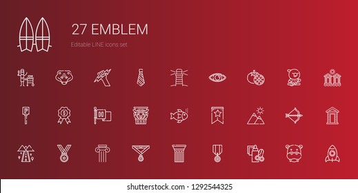 emblem icons set. Collection of emblem with handcraft, medal, column, road, mountain, banner, fishes, flag, parking, tomatoes, eye, lighthouse. Editable and scalable emblem icons.