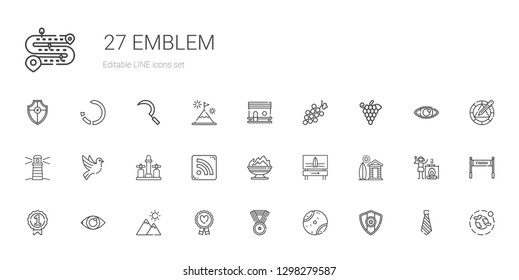 emblem icons set. Collection of emblem with medal, tennis ball, favourite, mountain, eye, badge, cabin, surfboard, fire, rss feed, faucet. Editable and scalable emblem icons.